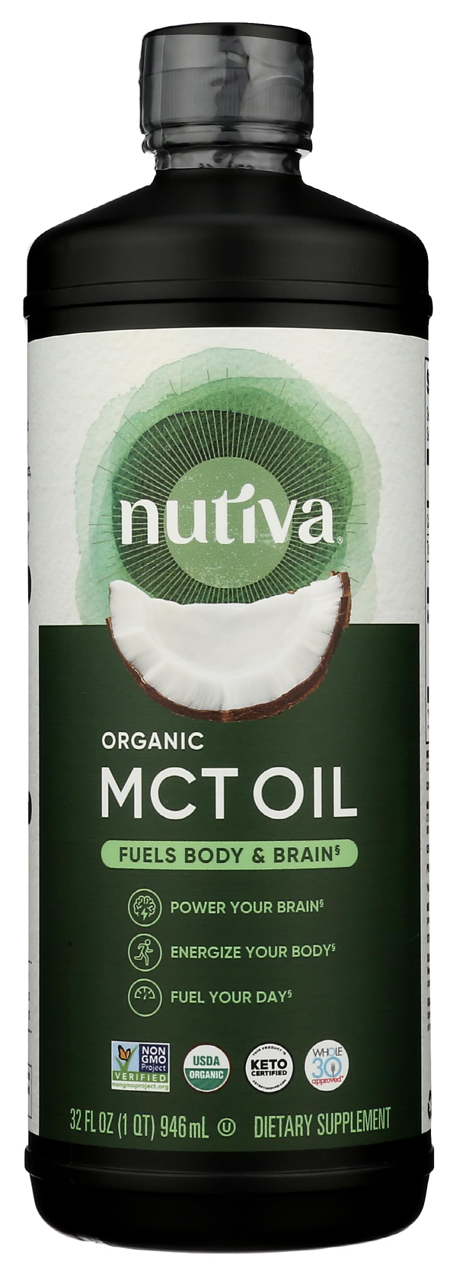 Nutiva Huile MCT Bio 32 Oz vue avant avec étiquette