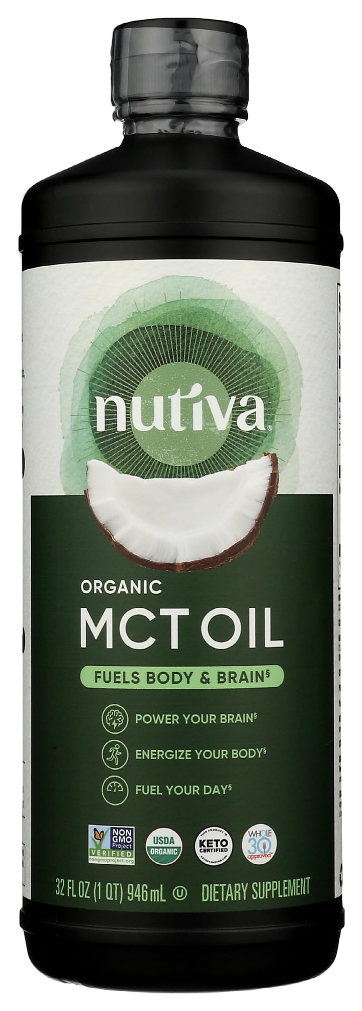 Nutiva Huile MCT Bio 32 Oz vue avant avec étiquette