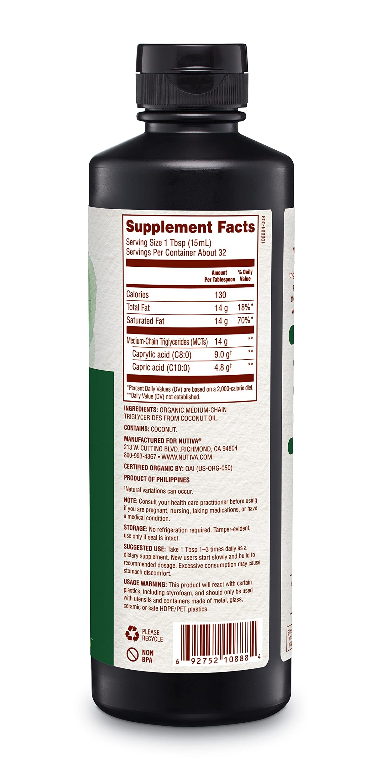 Nutiva Huile MCT Bio 480ml, sur un plan de travail