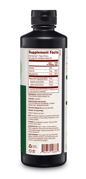 Nutiva Huile MCT Bio 480ml, sur un plan de travail