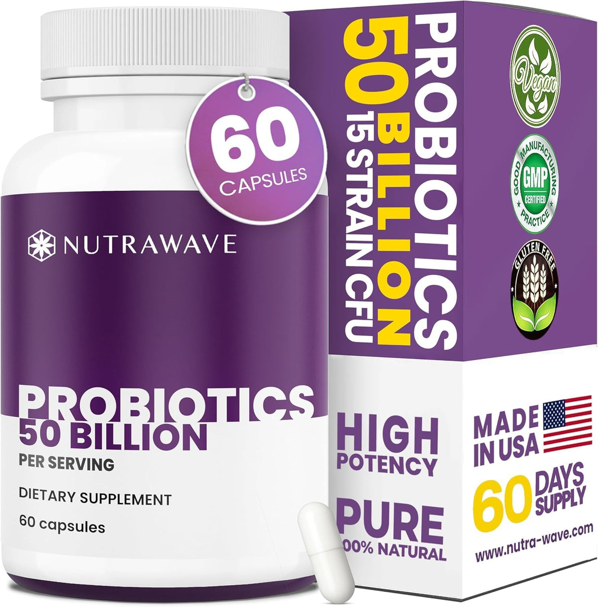 Nutra Wave Probiotiques 50 Milliards 60 Capsules Végétales vue de face