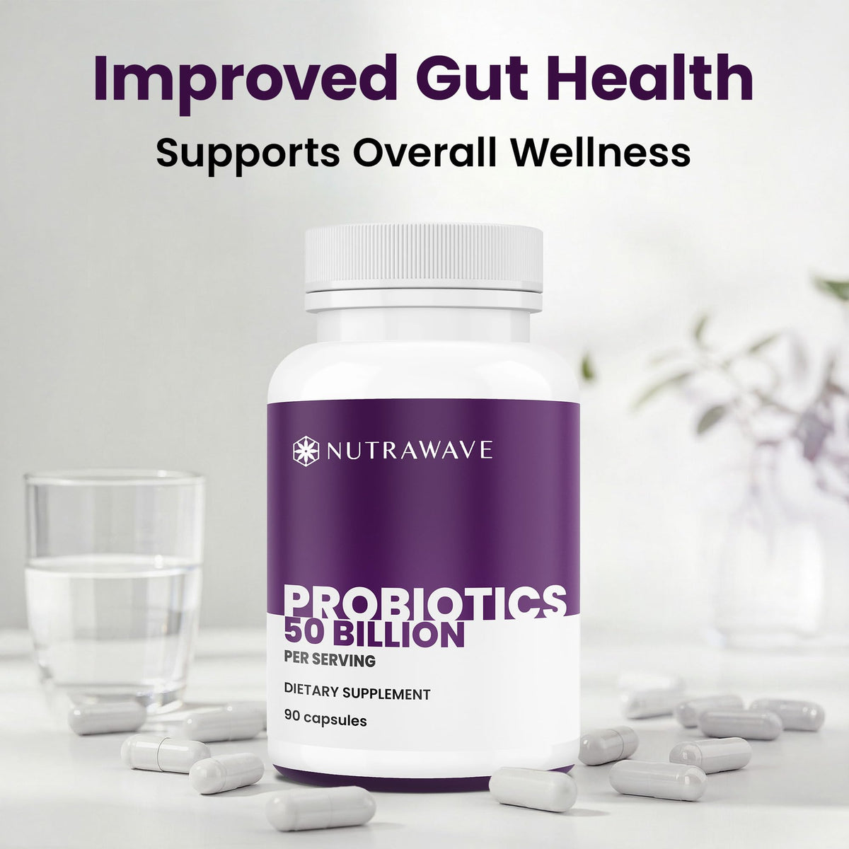 Nutra Wave Probiotiques 50 Milliards capsules sur une table