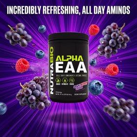 NutraBio Alpha EAA contenant ouvert avec poudre visible
