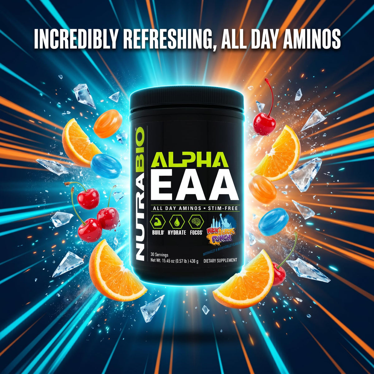 NutraBio Alpha EAA, emballage de 531g sur fond blanc