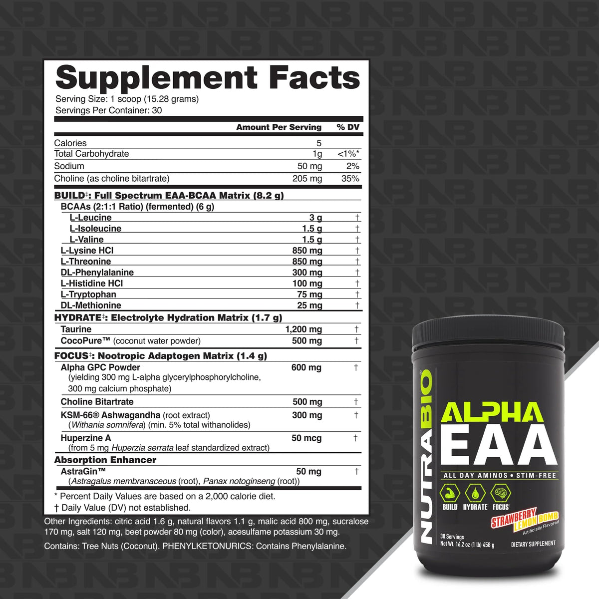 NutraBio Alpha EAA étiquette avec ingrédients et informations nutritionnelles
