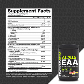 NutraBio Alpha EAA étiquette avec ingrédients et informations nutritionnelles