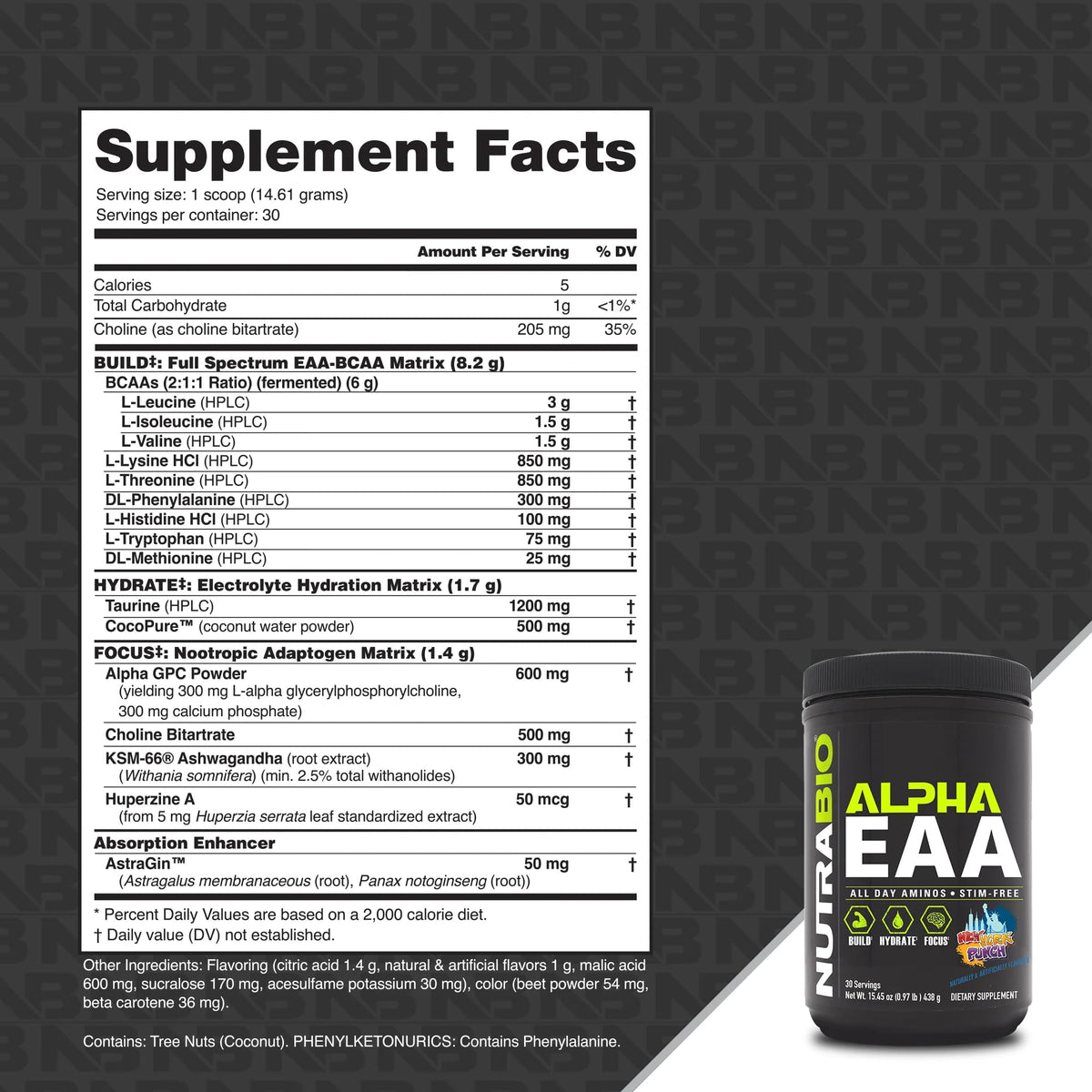 NutraBio Alpha EAA, étiquette détaillant les ingrédients et les portions