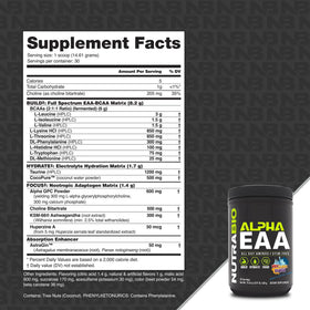 NutraBio Alpha EAA, étiquette détaillant les ingrédients et les portions