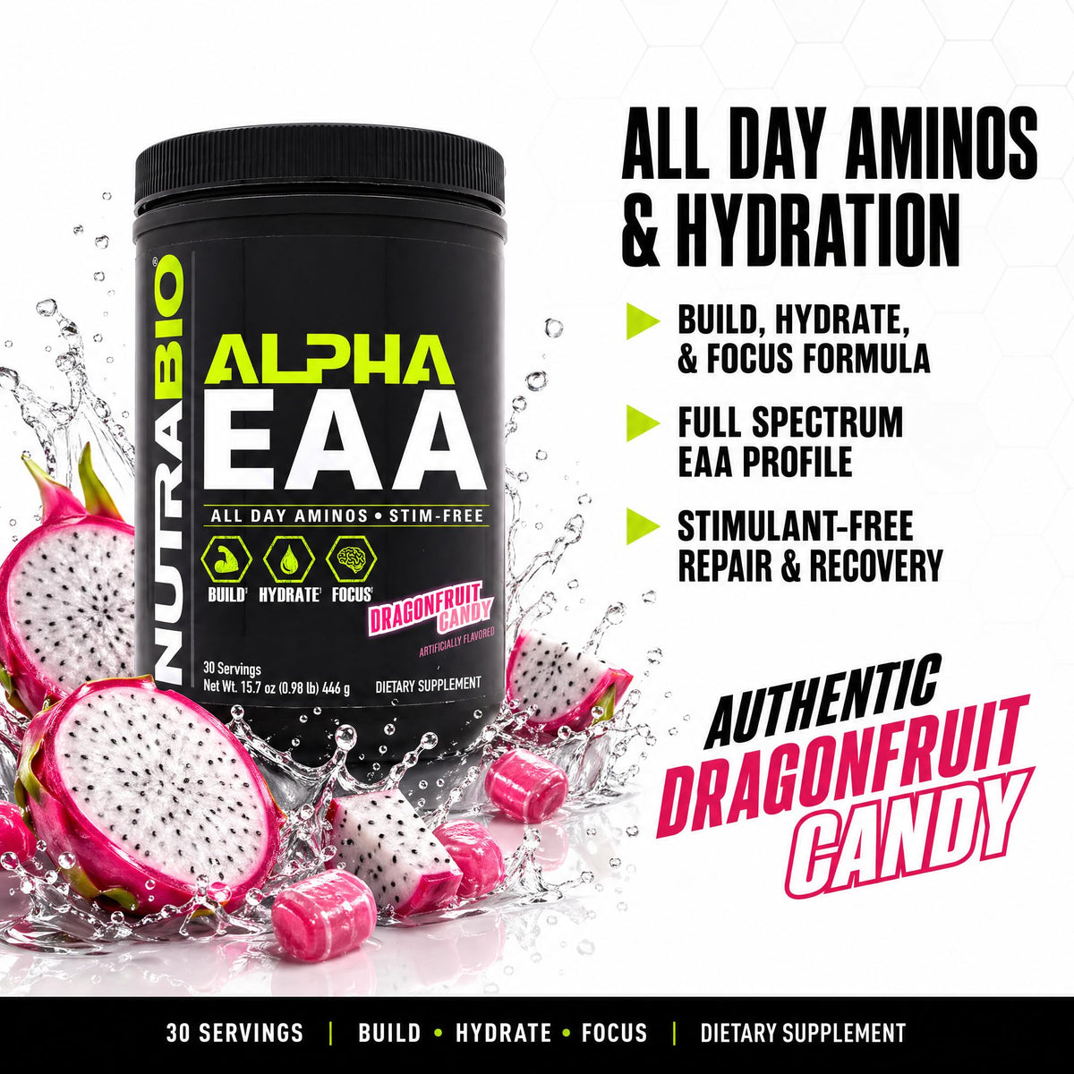 NutraBio Alpha EAA poudre d'acides aminés - dos de l'emballage