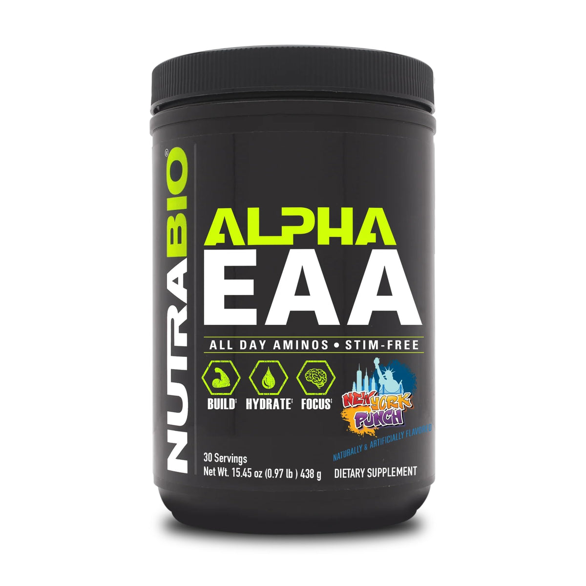 NutraBio Alpha EAA poudre d'acides aminés essentiels, vue avant du produit