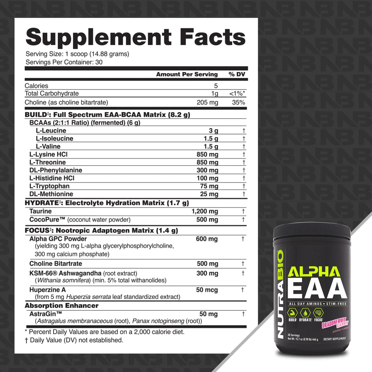NutraBio Alpha EAA poudre d'acides aminés - vue de côté