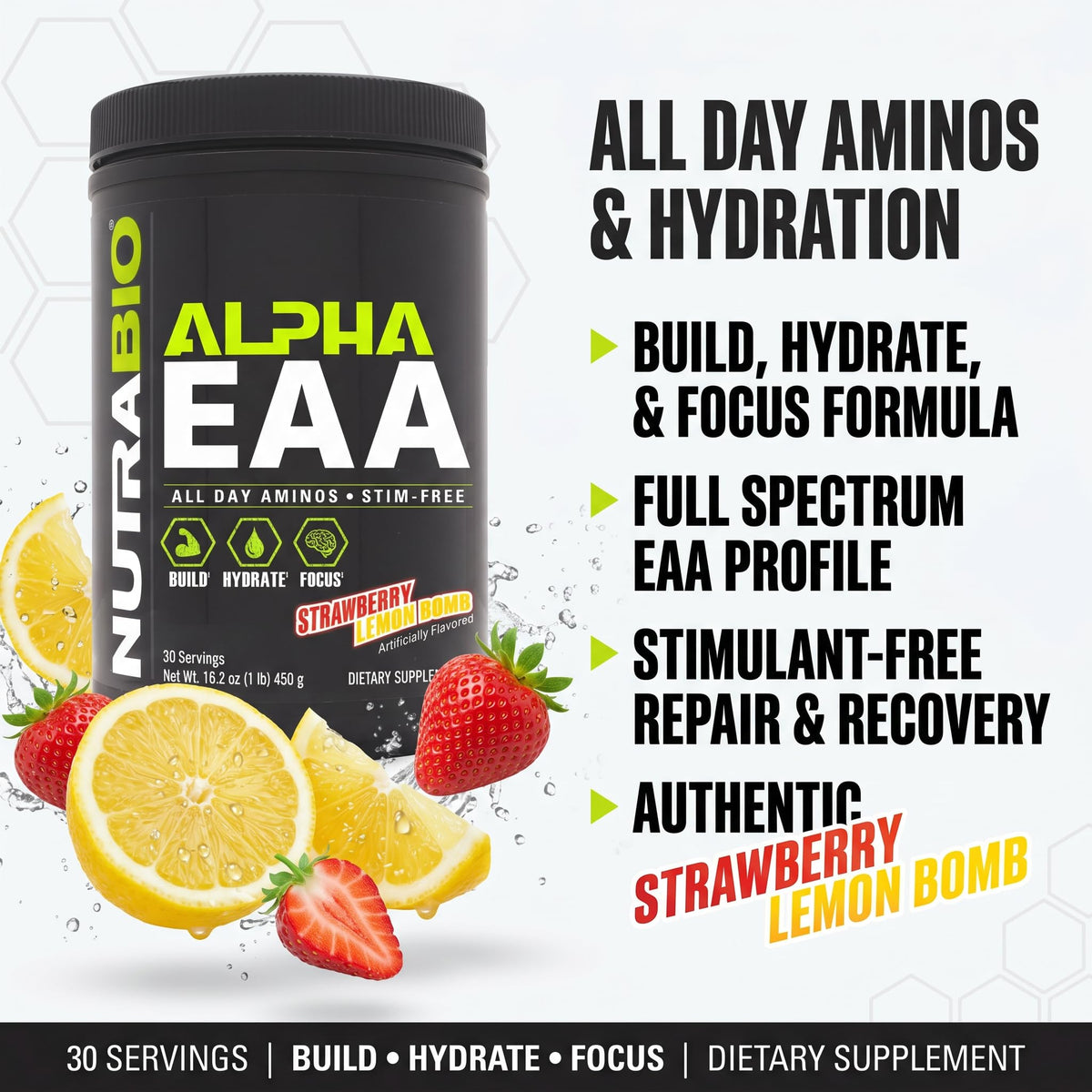 NutraBio Alpha EAA poudre dans un verre avec de l'eau