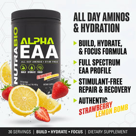 NutraBio Alpha EAA poudre dans un verre avec de l'eau