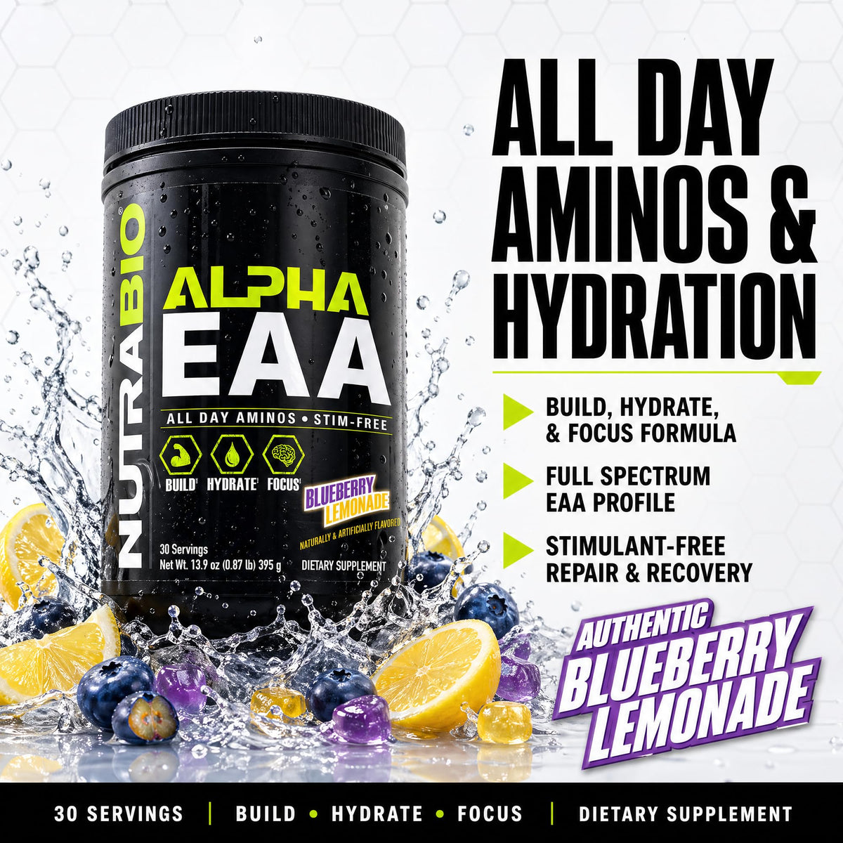 NutraBio Alpha EAA Poudre de BCAA 30 Portions Citron Myrtille avec cuillère doseuse