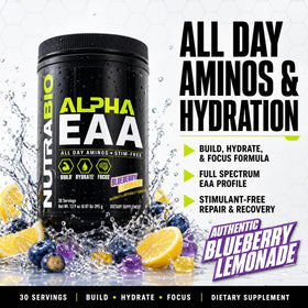 NutraBio Alpha EAA Poudre de BCAA 30 Portions Citron Myrtille avec cuillère doseuse