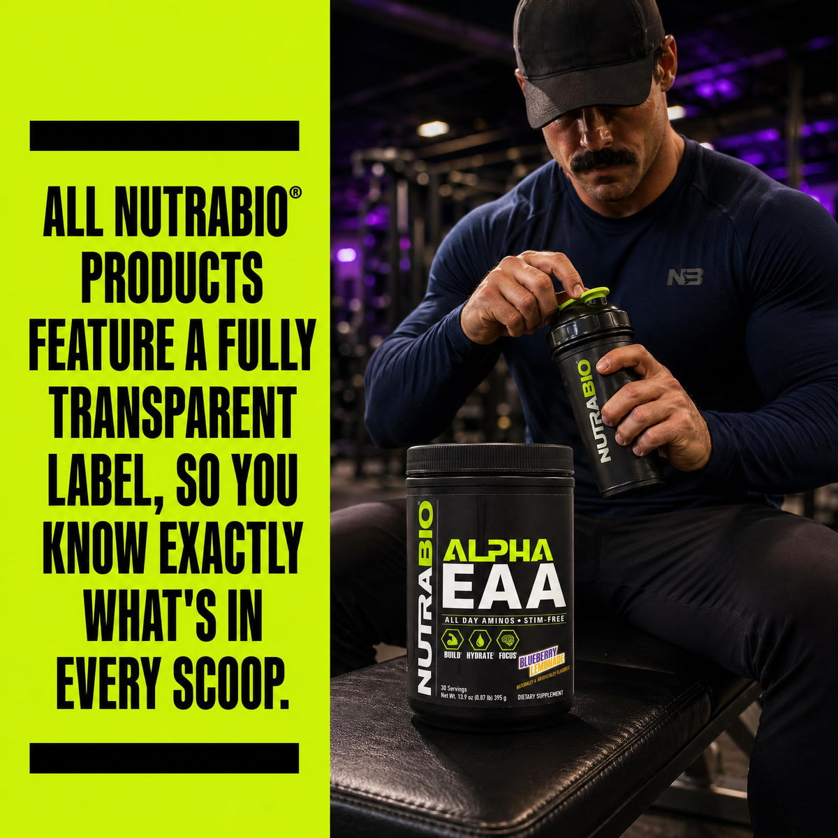 NutraBio Alpha EAA Poudre de BCAA 30 Portions Citron Myrtille dans un environnement de fitness