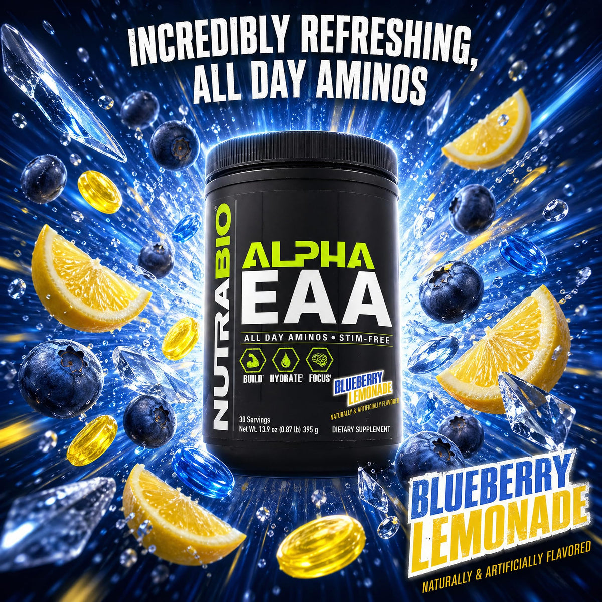 NutraBio Alpha EAA Poudre de BCAA 30 Portions Citron Myrtille en préparation dans un verre
