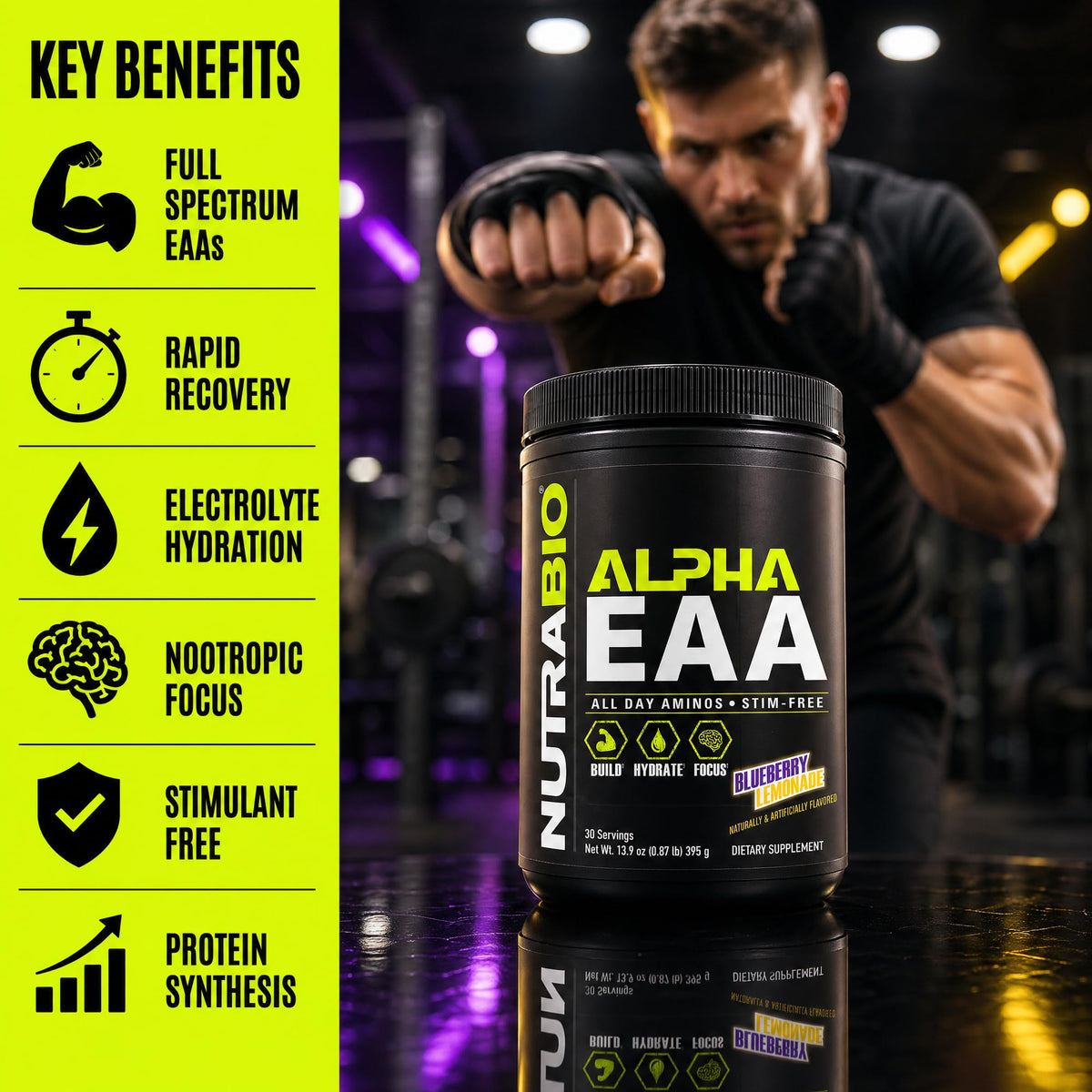 NutraBio Alpha EAA Poudre de BCAA 30 Portions Citron Myrtille sur une table avec des fruits