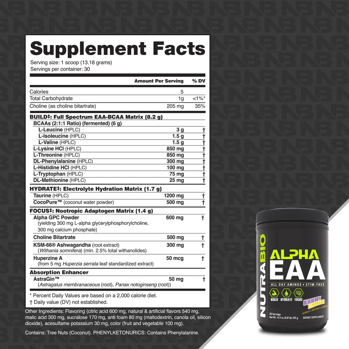 NutraBio Alpha EAA Poudre de BCAA 30 Portions Citron Myrtille vue arrière