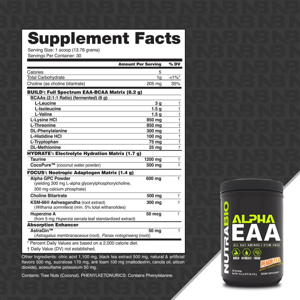NutraBio Alpha EAA poudre de BCAA 30 servings, informations nutritionnelles