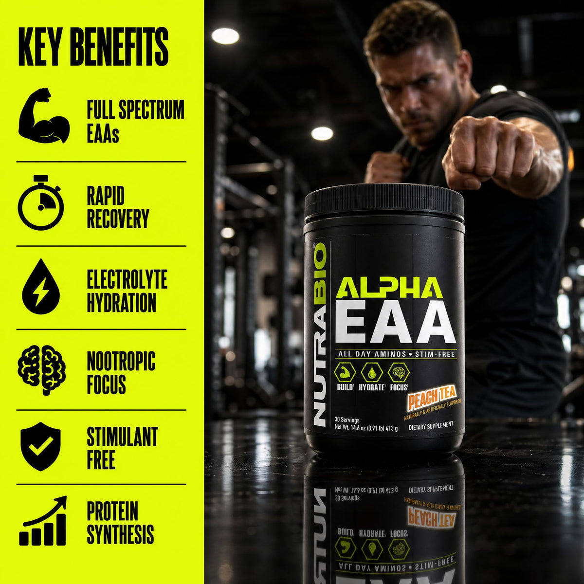 NutraBio Alpha EAA poudre de BCAA 30 servings, ingrédients listés
