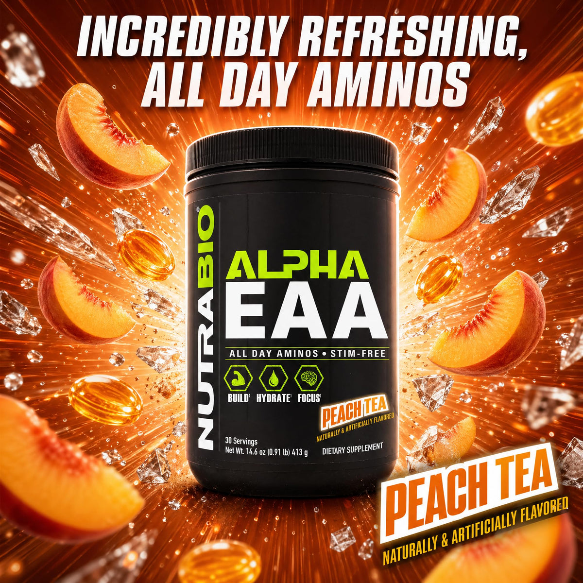 NutraBio Alpha EAA poudre de BCAA 30 servings, mélange dans un verre