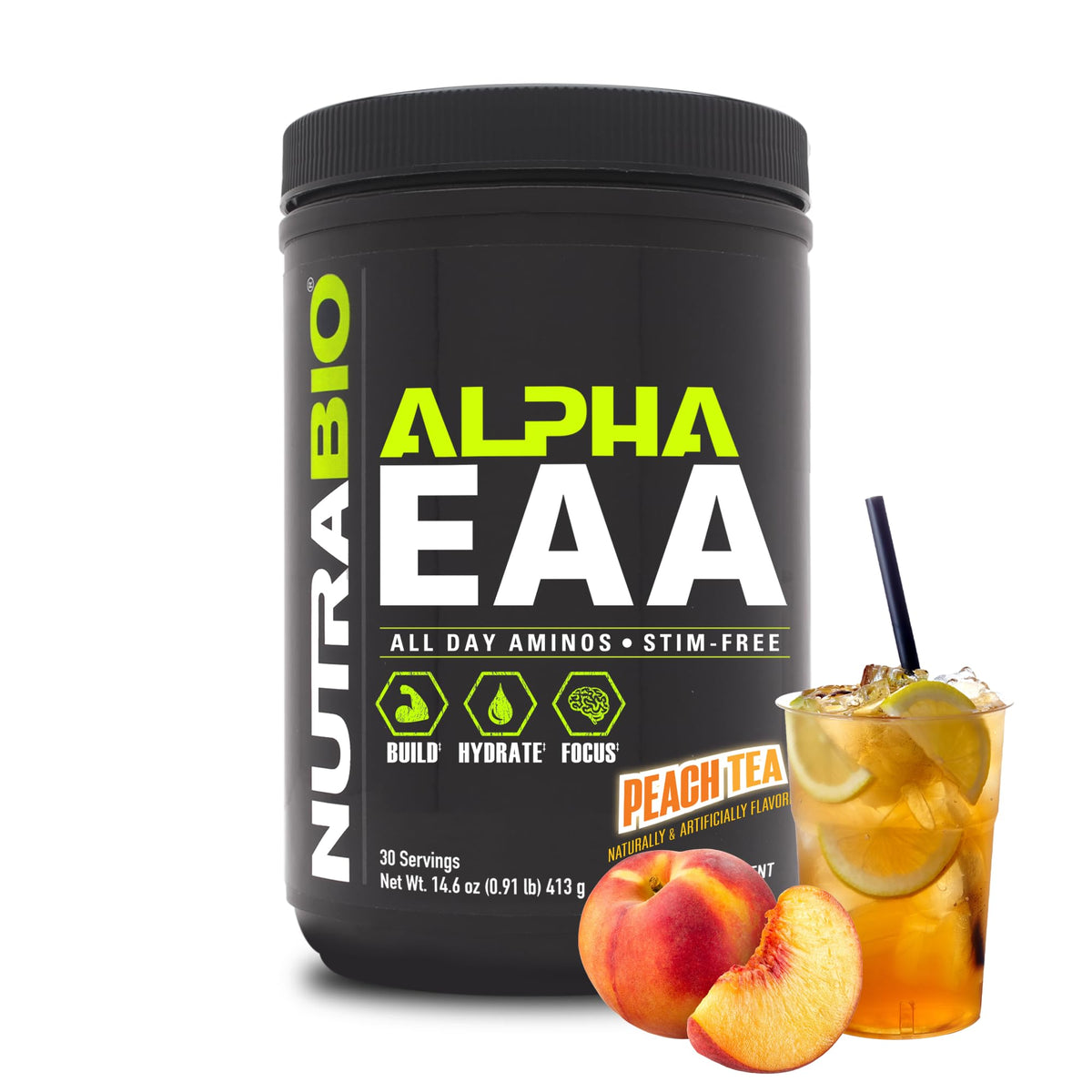 NutraBio Alpha EAA poudre de BCAA 30 servings, thé pêche, vue de face