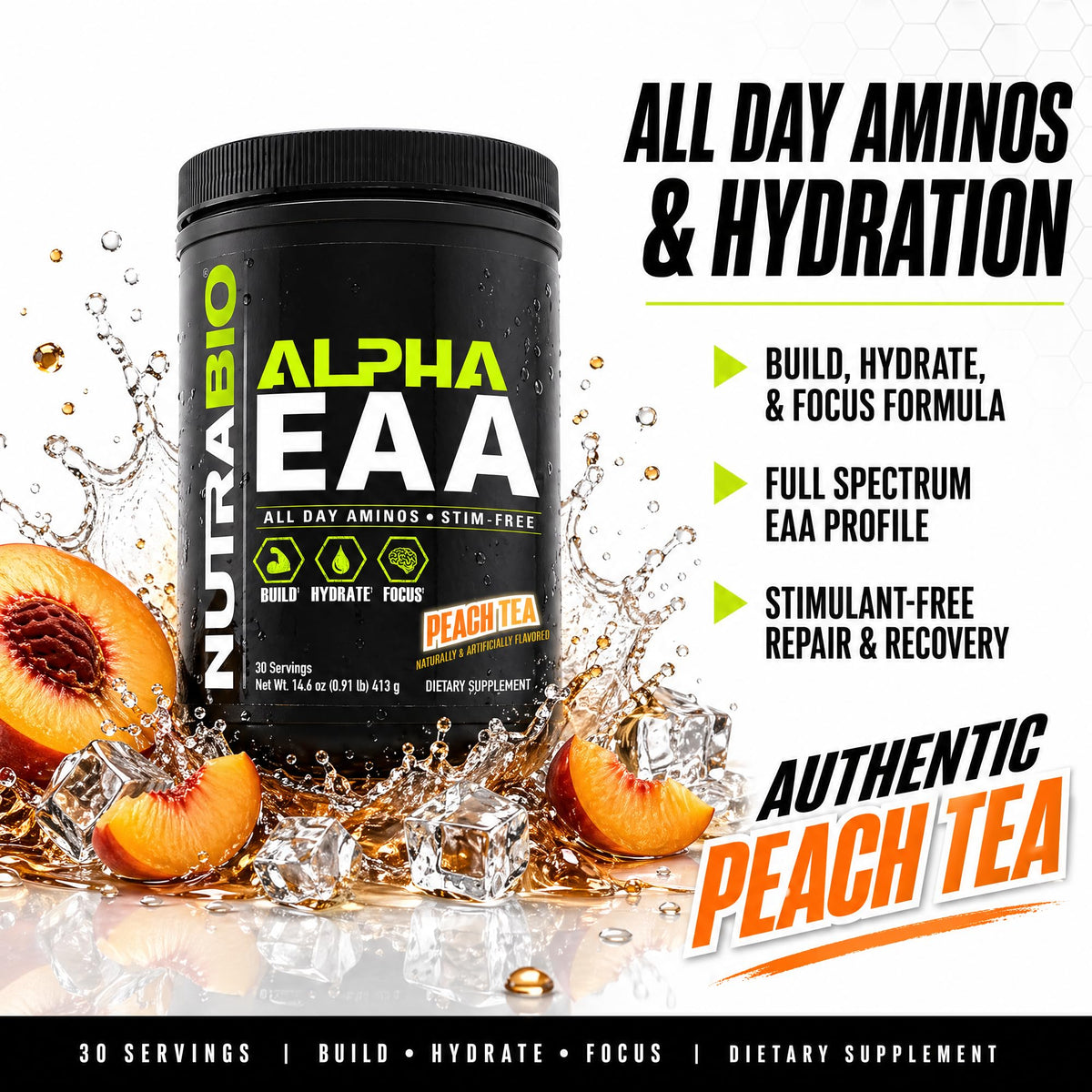 NutraBio Alpha EAA poudre de BCAA 30 servings, vue arrière du produit