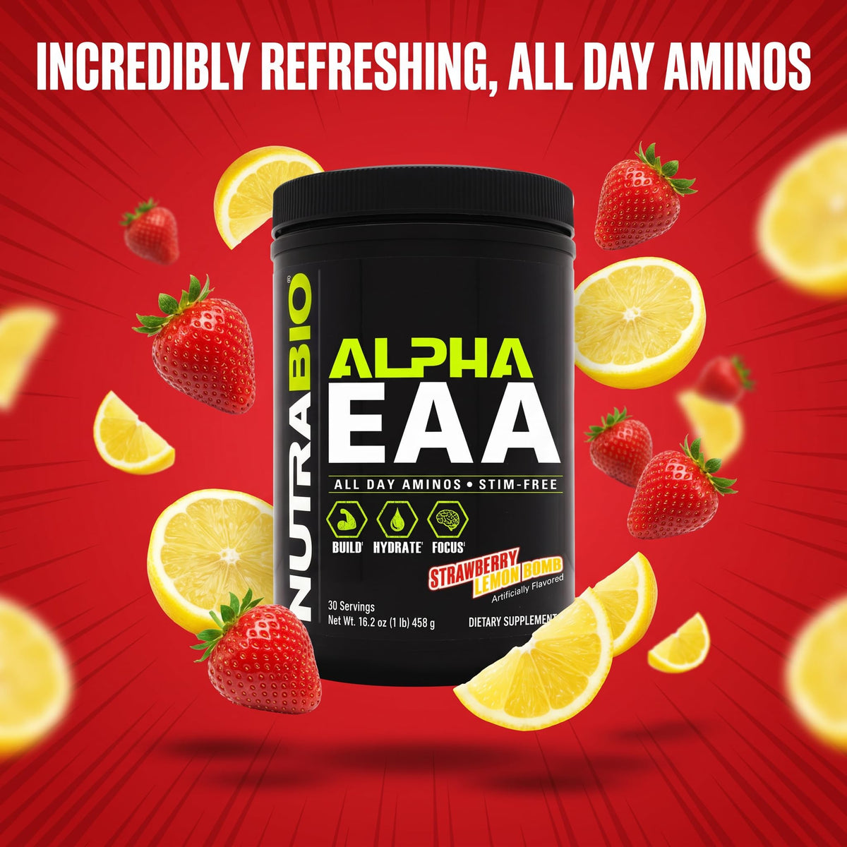 NutraBio Alpha EAA poudre vue de dessus avec cuillère