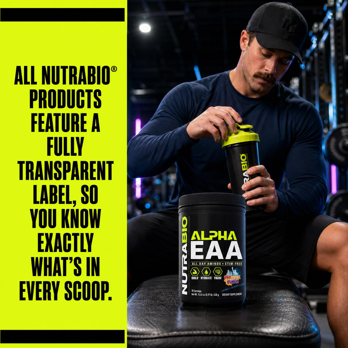 NutraBio Alpha EAA, présentation du produit avec des accessoires de sport