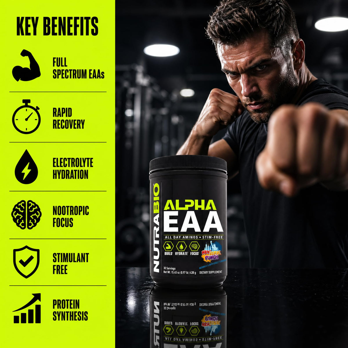 NutraBio Alpha EAA, vue arrière du produit montrant les informations nutritionnelles