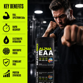 NutraBio Alpha EAA, vue arrière du produit montrant les informations nutritionnelles