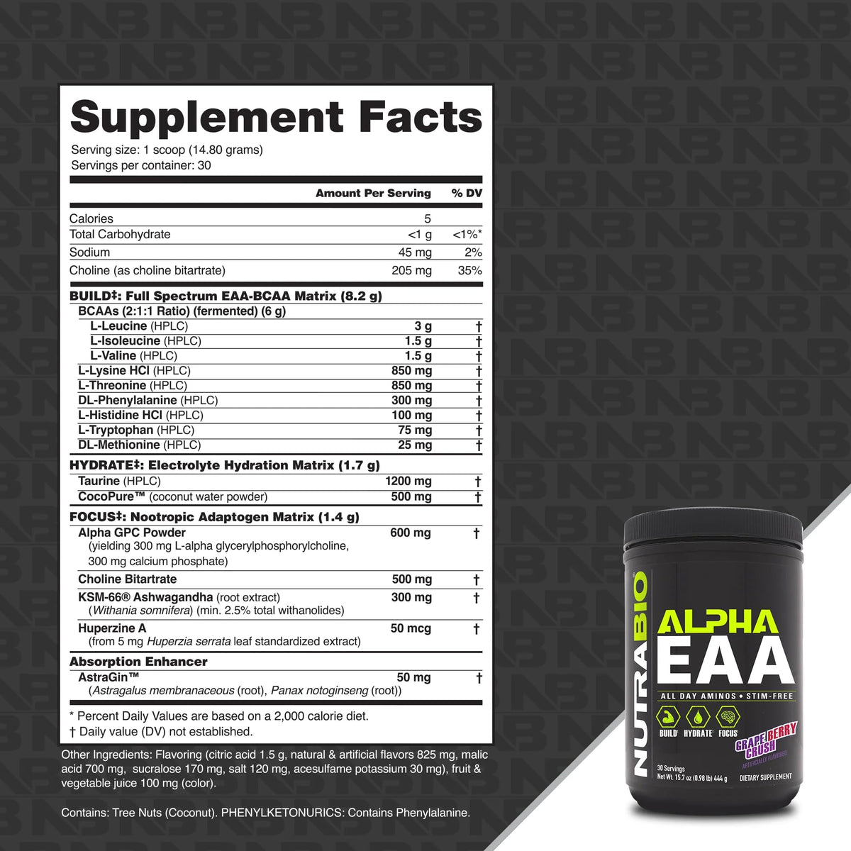 NutraBio Alpha EAA vue de l'arrière avec informations nutritionnelles