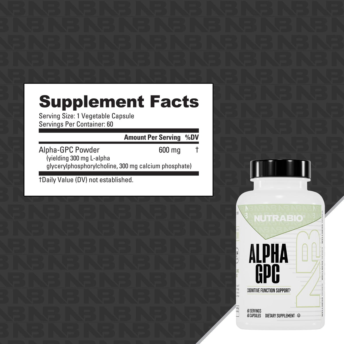 NutraBio Alpha GPC 300mg, capsules sur une table