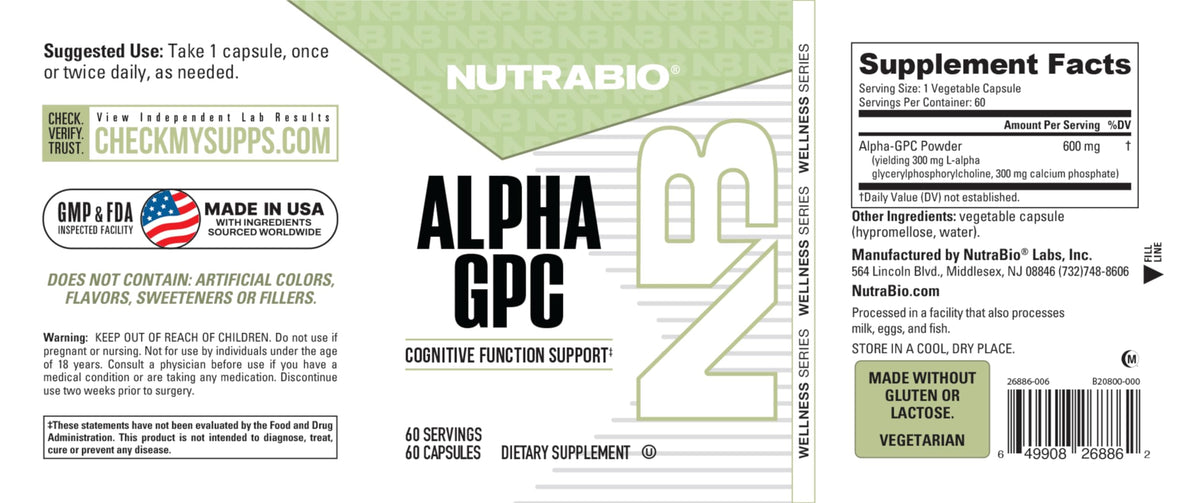 NutraBio Alpha GPC 300mg, vue arrière de l'emballage
