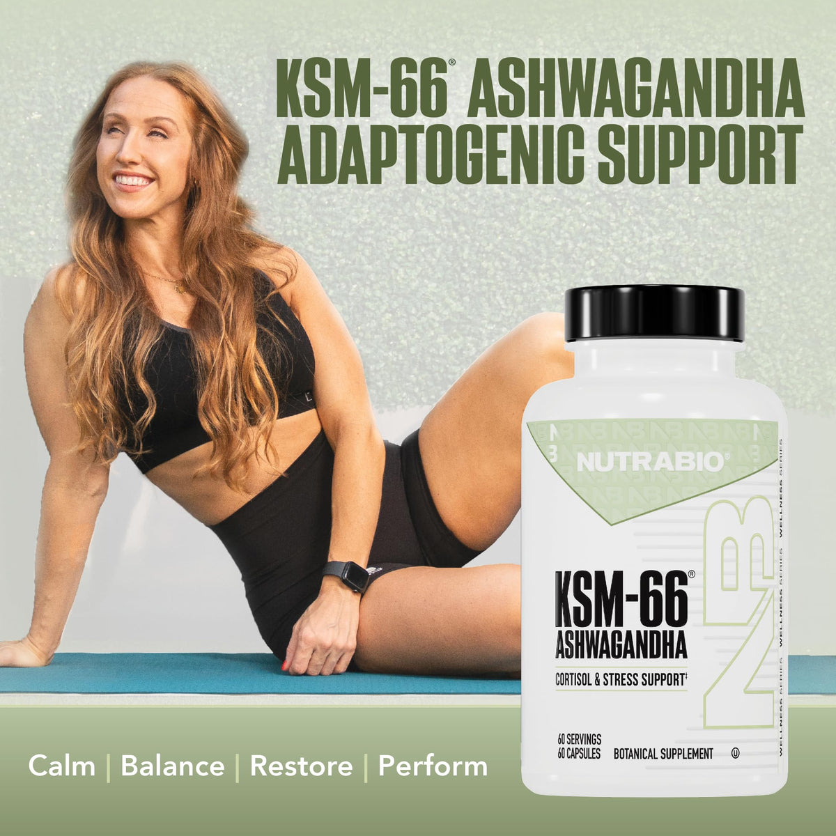 NutraBio Ashwagandha KSM-66 600 mg 60 capsules avec étiquette