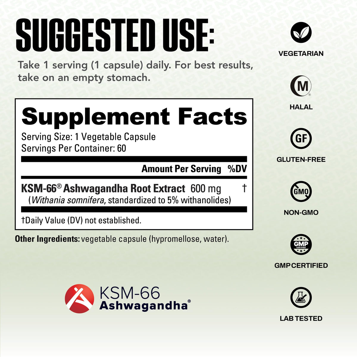 NutraBio Ashwagandha KSM-66 600 mg 60 capsules sur fond blanc