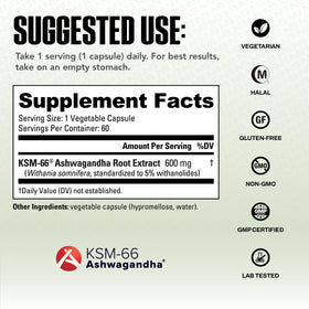 NutraBio Ashwagandha KSM-66 600 mg 60 capsules sur fond blanc