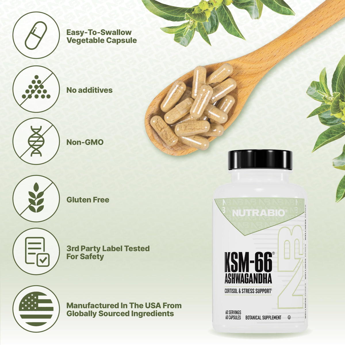 NutraBio Ashwagandha KSM-66 600 mg 60 capsules sur table