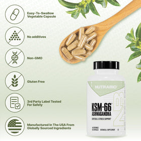 NutraBio Ashwagandha KSM-66 600 mg 60 capsules sur table