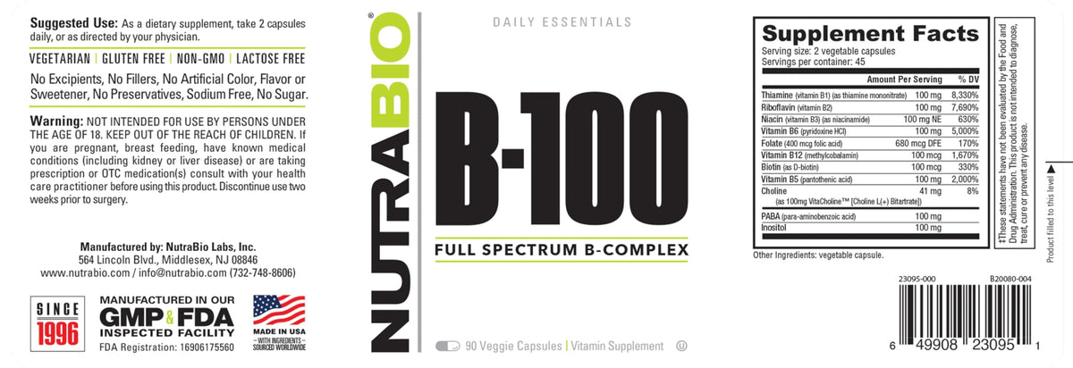 NutraBio B-100 Complex Vitamines B 90 Capsules Végétales avec verre d'eau