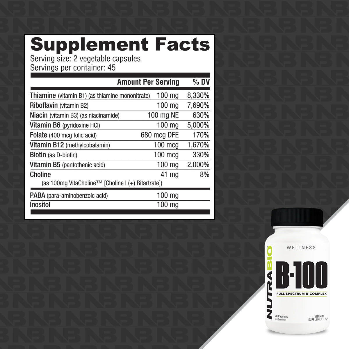 NutraBio B-100 Complex Vitamines B 90 Capsules Végétales vue de côté