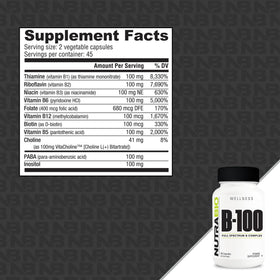NutraBio B-100 Complex Vitamines B 90 Capsules Végétales vue de côté