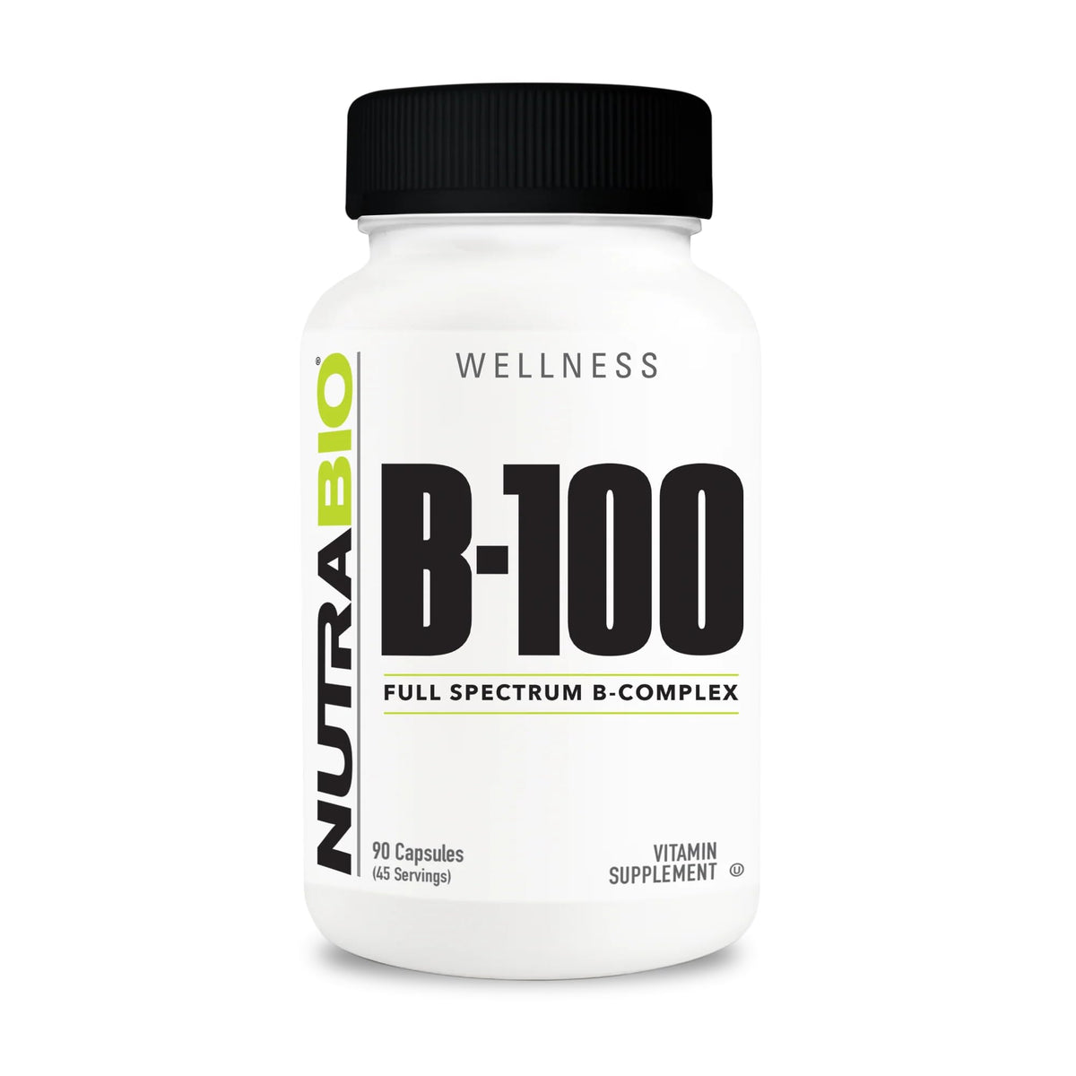 NutraBio B-100 Complex Vitamines B 90 Capsules Végétales vue de face