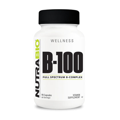 NutraBio B-100 Complex Vitamines B 90 Capsules Végétales vue de face