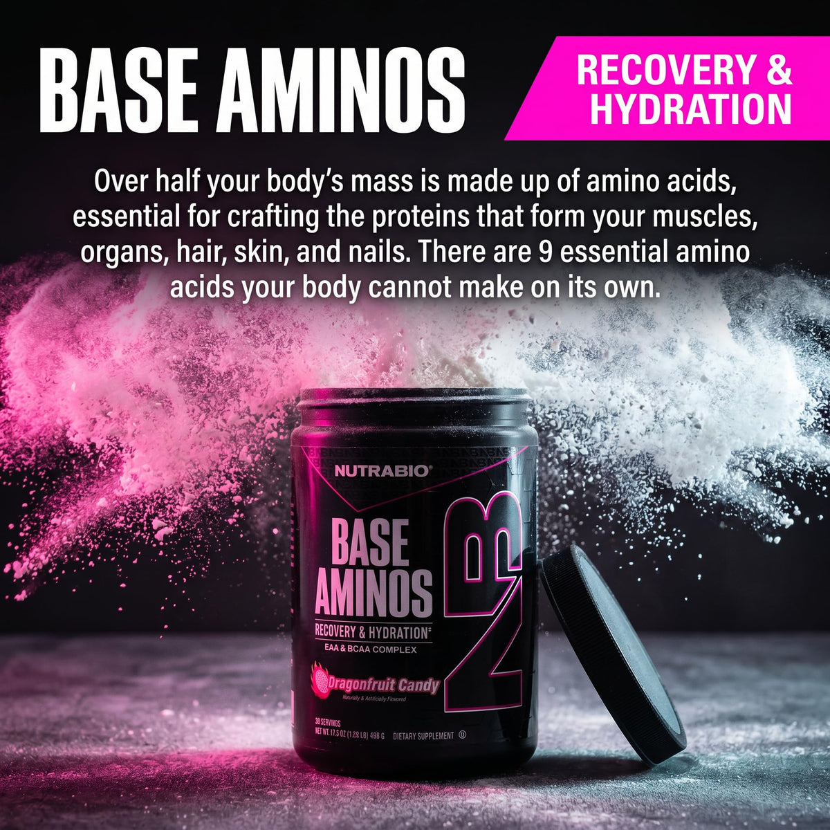 NutraBio Base Aminos EAA + BCAA poudre vue de côté