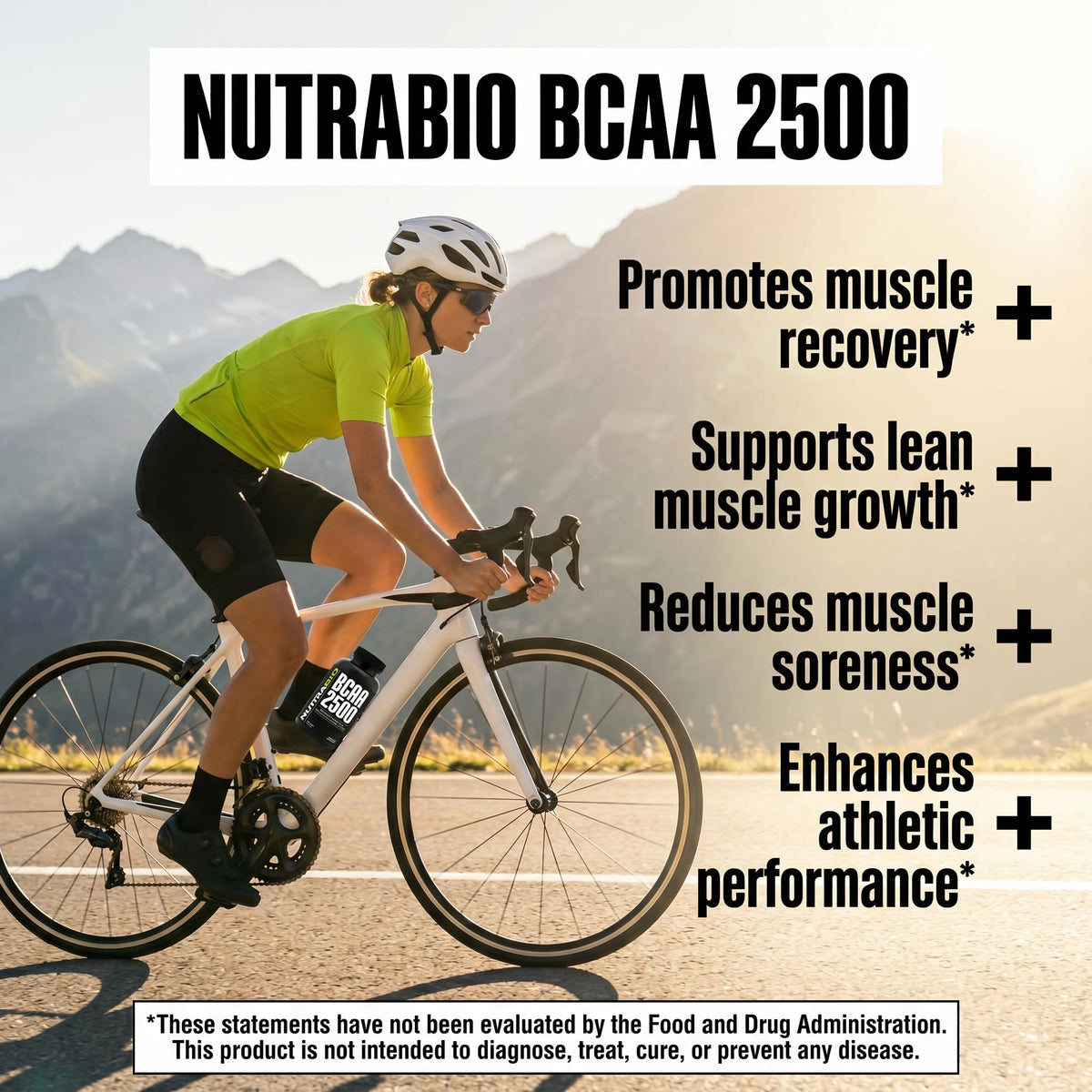 NutraBio BCAA 2500 capsules sur un fond noir