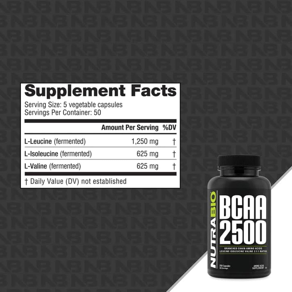 NutraBio BCAA 2500 côté du flacon montrant l'étiquette