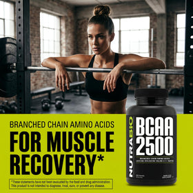 NutraBio BCAA 2500 étiquette mettant en avant la qualité végétale