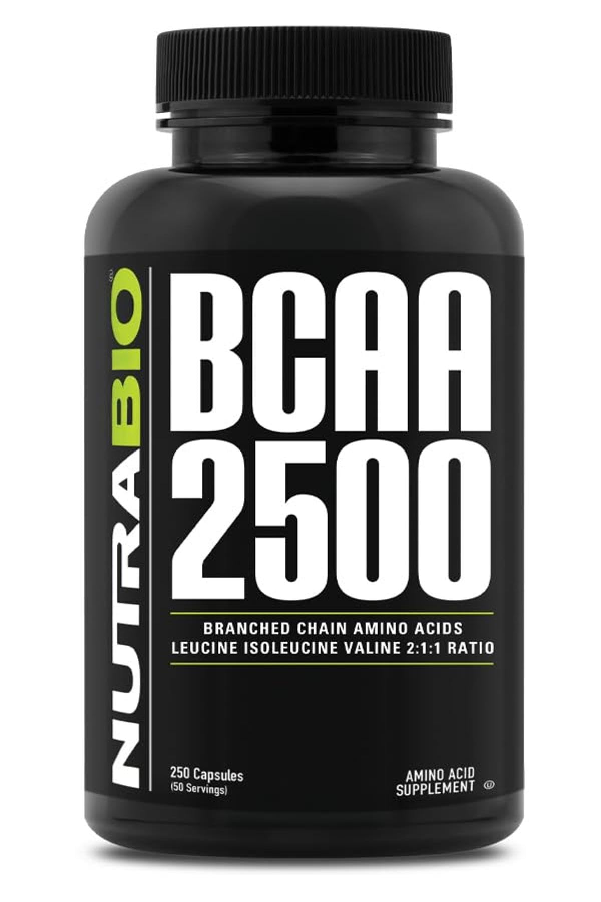 NutraBio BCAA 2500 vue avant du flacon avec 250 capsules